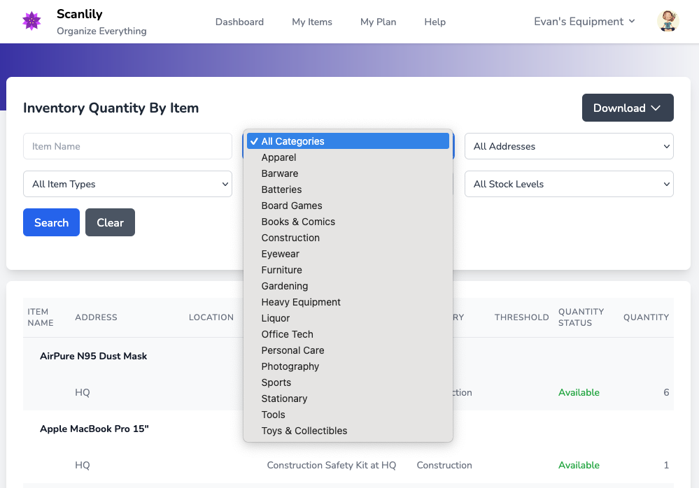 Report page showing category filter selected