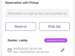 Item screen for am item that has a reservation with pickups and awaiting pickup