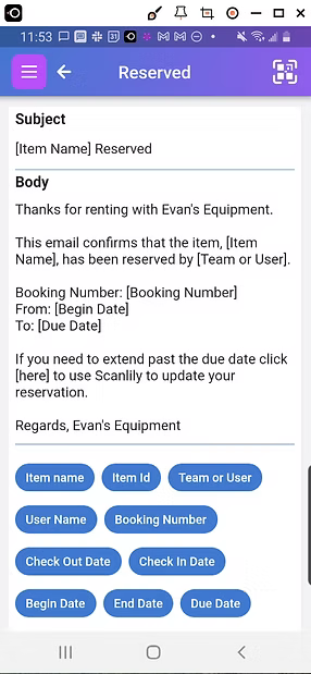 Scanlily screen for customizing the notification for when people reserve an item