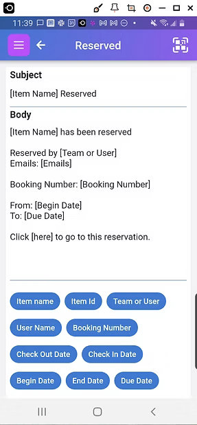 Scanlily screen for customizing the notification for when people reserve an item