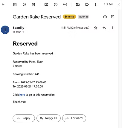 Email received acknowledging that an item has been reserved