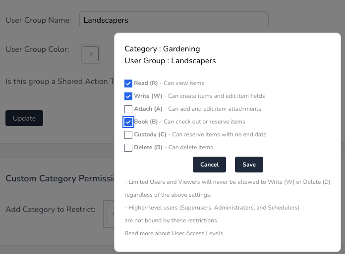 Shows popup for selecting usage rights for the group