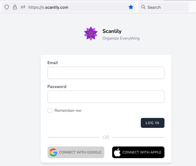 Shows email and password for https://s.scanlily.com/login. Also shows Connect with Google and Connect with Apple options for https://s.scanlily.com/login