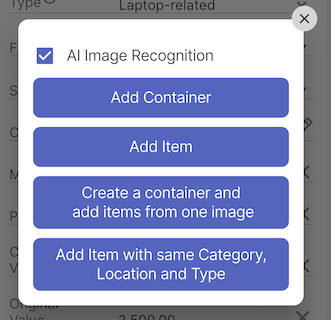 Scanning options popup showing AI Image Recognition checkbox and various add options