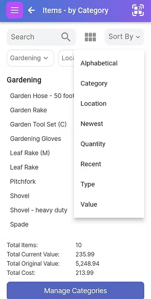 Sort By options shown on the Item List screen