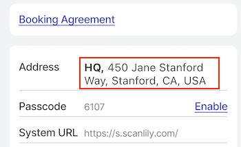 Address section at bottom of settings