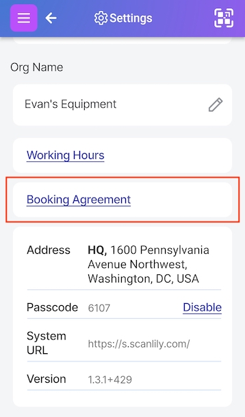 Booking Agreement link on Settings page