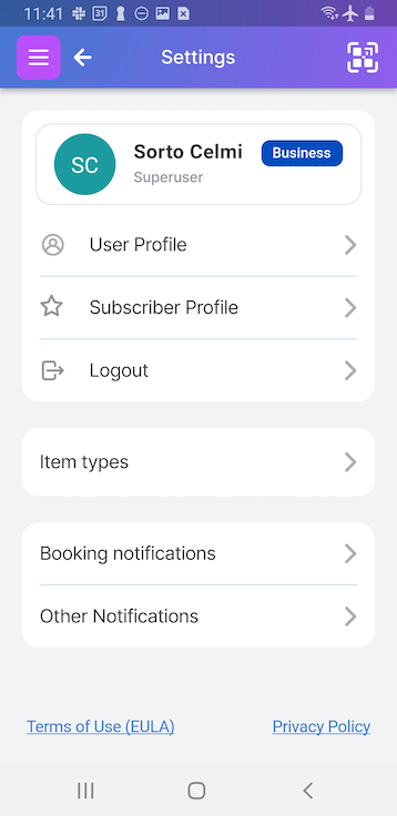Settings Page for a Business user