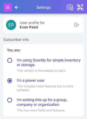 Setup options showing Simple inventory, Power user, and Group/organization choices