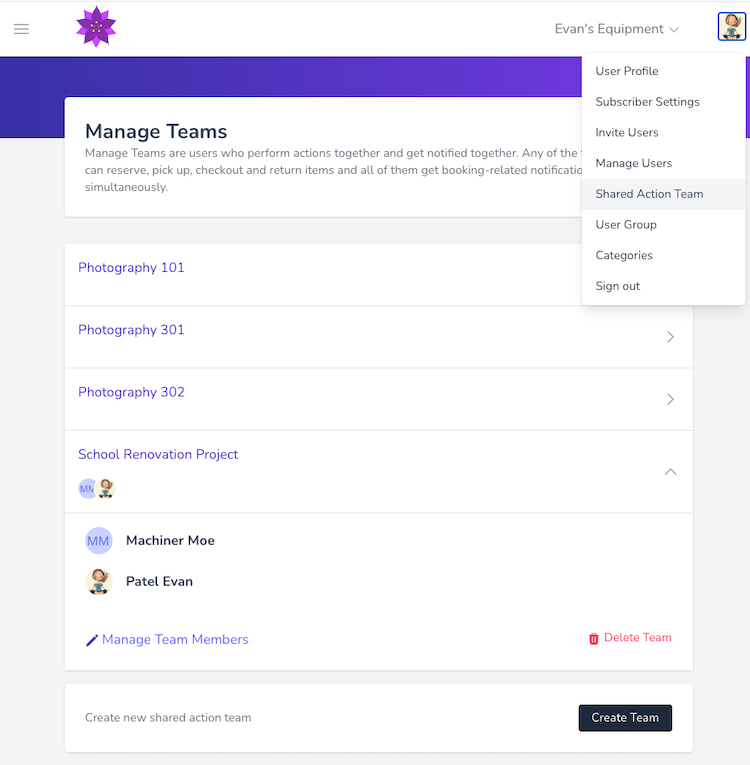 Page showing the list of shared action teams