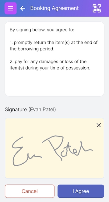 Scanlily mobile screen with booking agreement and user signature