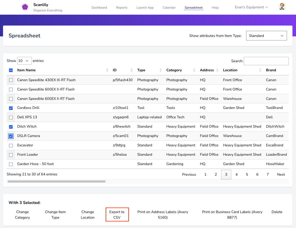 View of spreadsheet with rows selected and the Export to CSV selection highlighted