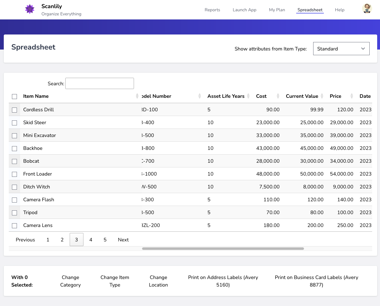 Displays additional fields seen when scrolling to the right of the spreadsheet