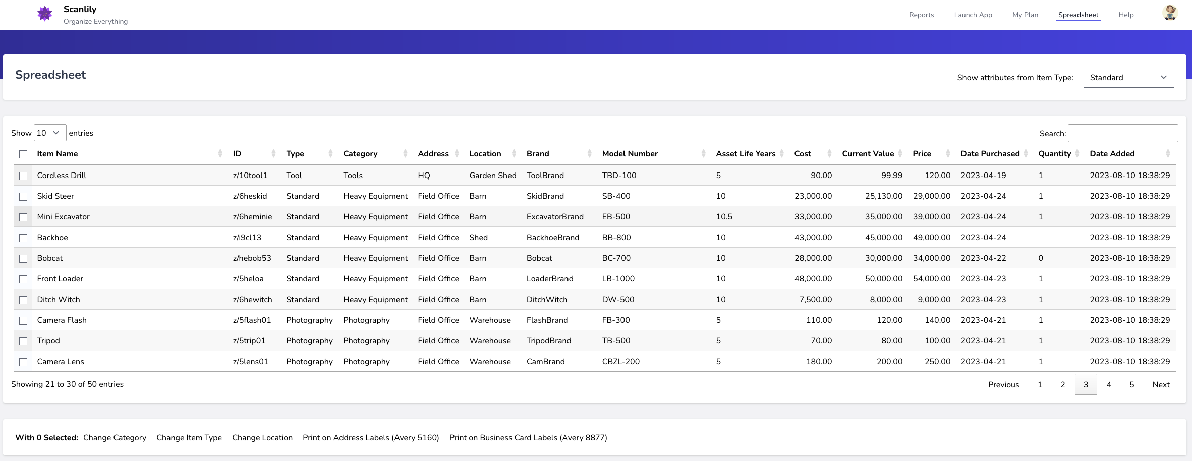 Wide view of many fields on the spreadsheet