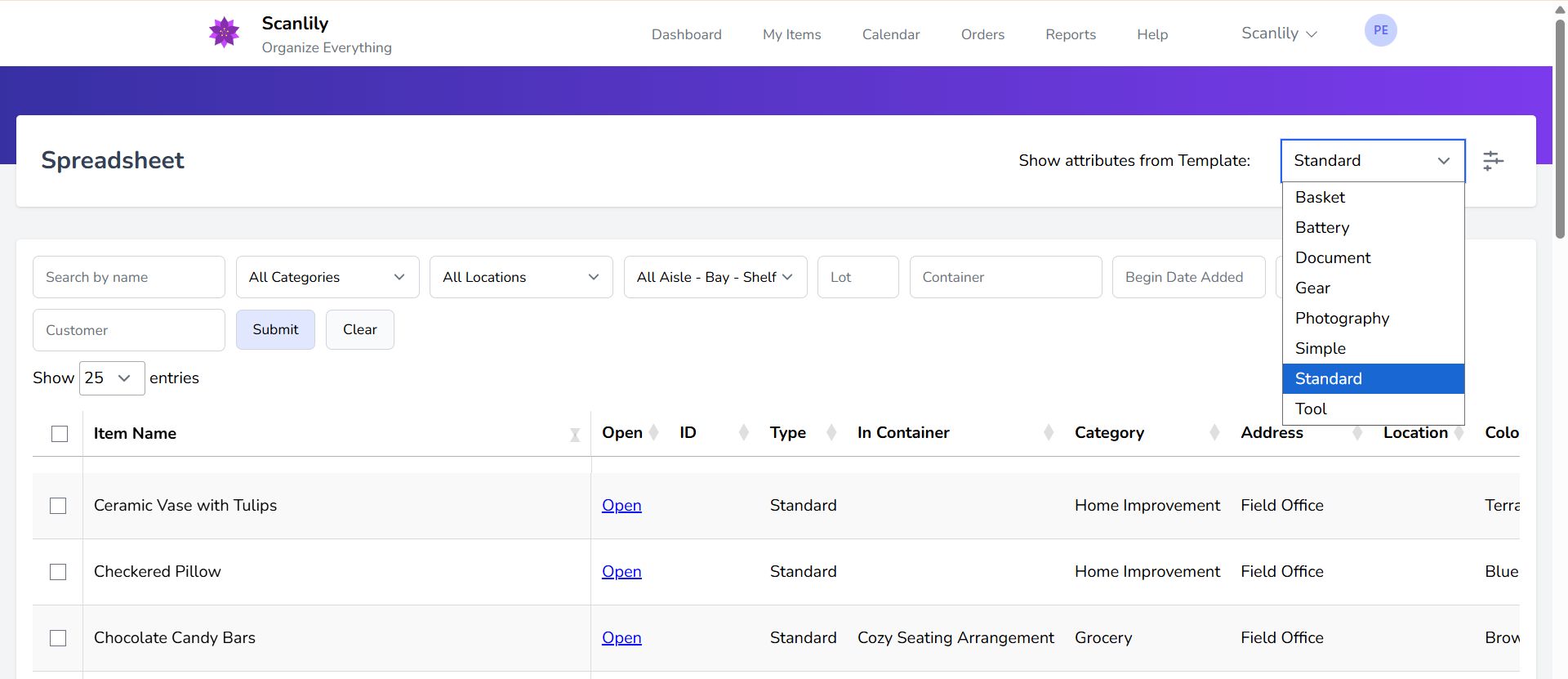 Spreadsheet showing Template selector dropdown