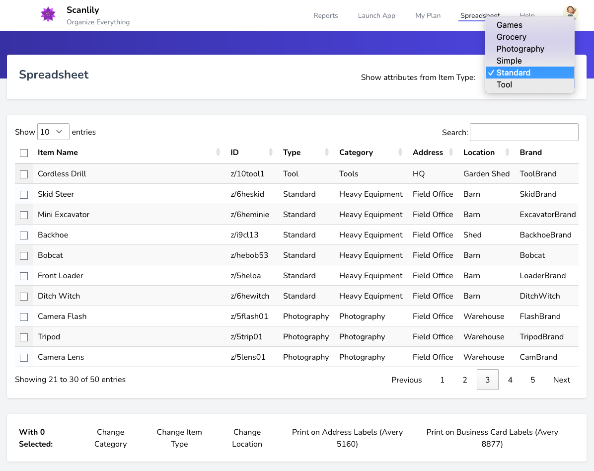 Spreadsheet showing Item Type selector dropdown