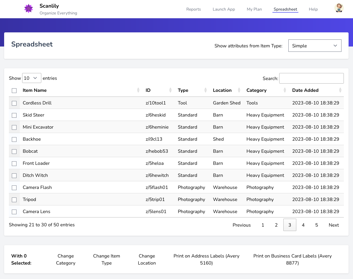 Spreadsheet with only the attributes Item Name, ID, Type, Location, Category and Date Added