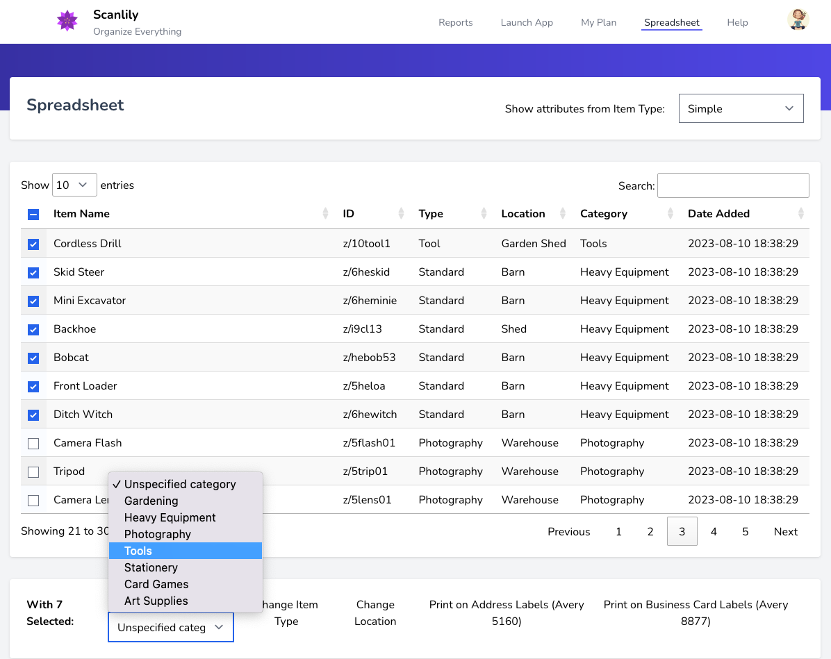 Pulldown showing for With Selected: Change Category. Shows the various categories