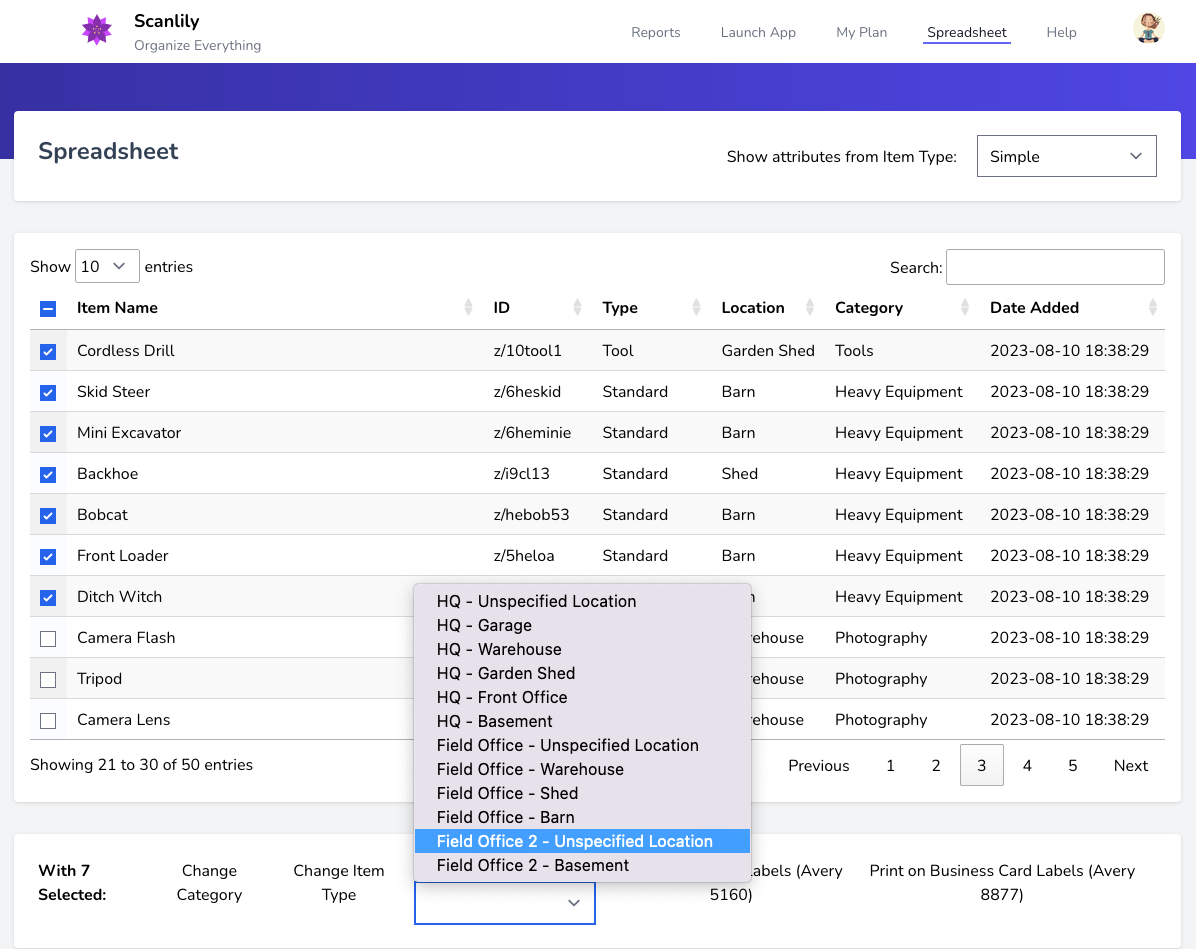 Location dropdown showing addresses HQ and Field Office, each with multiple locations