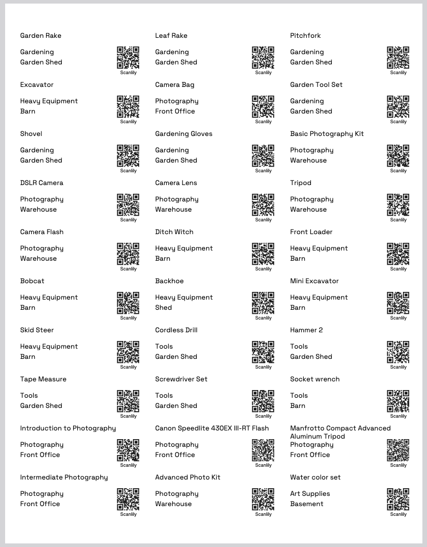 A 3 x 10 grid of address labels with QR codes
