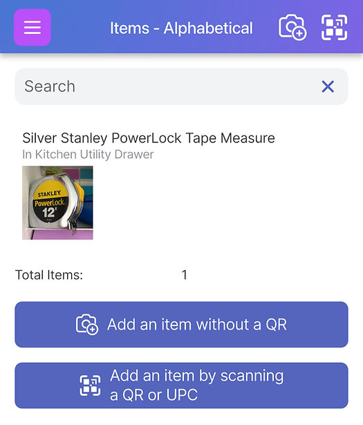 App screen shows a Silver Stanley PowerLock Tape Measure in a kitchen drawer. Purple-blue UI, search bar, and options to add items.