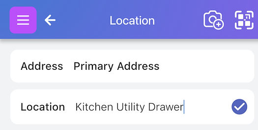App interface with "Location" on a purple gradient. Text fields show "Primary Address" and "Kitchen Utility Drawer," with icons above.