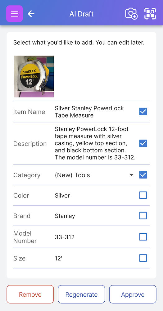 Silver Stanley PowerLock tape measure with a yellow and black logo, model 33-312, displayed on a selection menu.