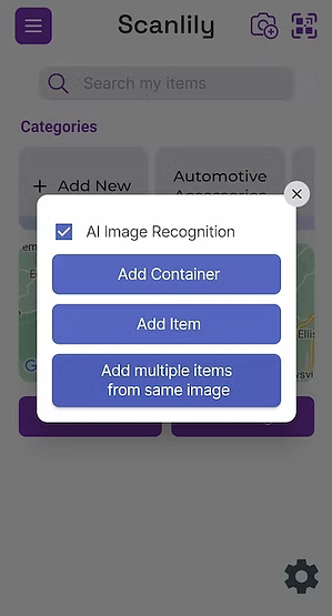 Scanlily's pop up options for adding an item with or without AI