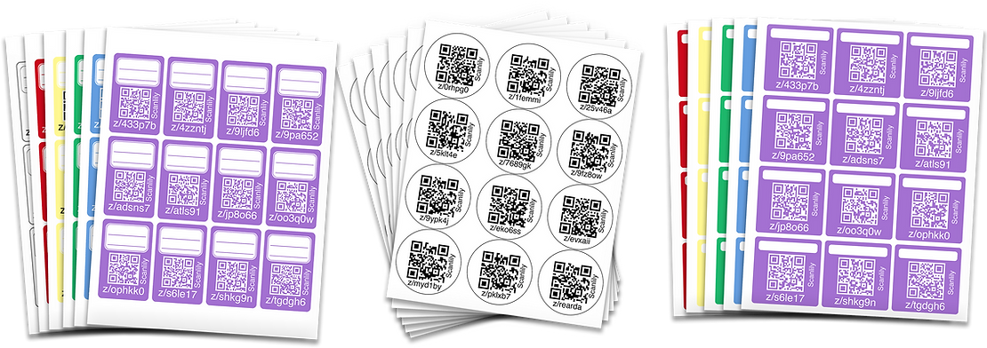 A selection of Scanlily Label options are shown: rectangular labels in 6 colors, white circular labels, and square labels in 6 colors