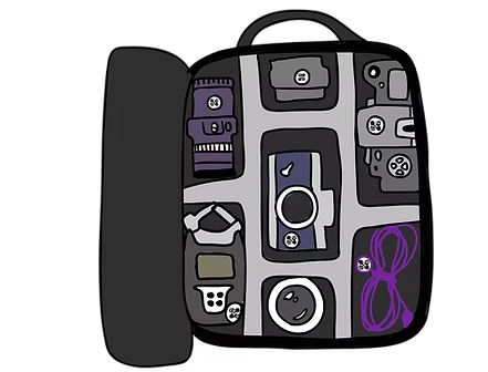Camera bag containing photo equipment each with a small round Scanlily QR sticker on it