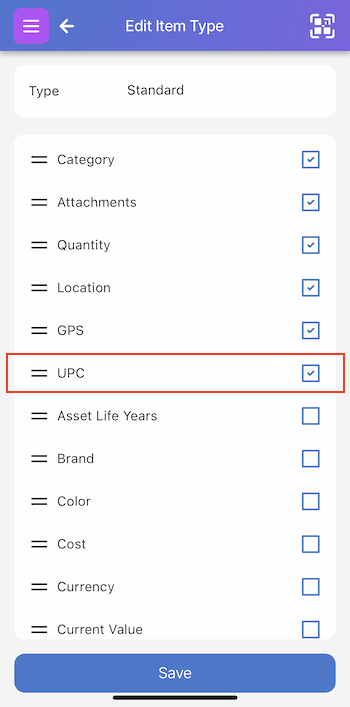Edit Item Type screen with UPC attribute highlighted. It is checkmarked to the right