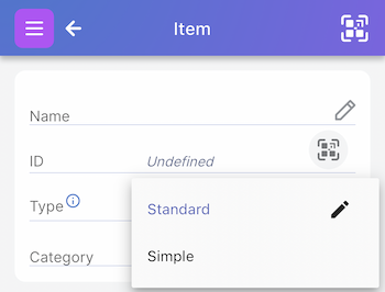 Type field on item screen showing the default item types