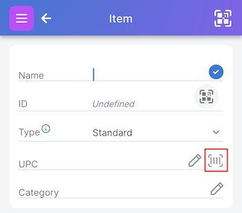 Item Page showing empty UPC field with barcode to the right highlighted