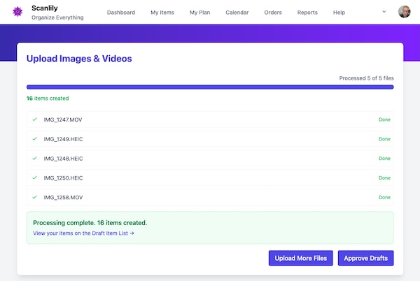 Upload processing complete showing 16 items created from 5 files, with a link to the Draft Item List