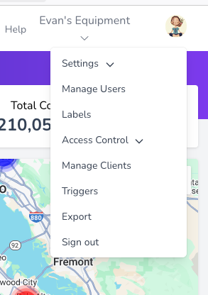 Upper right profile menu expanded showing various options