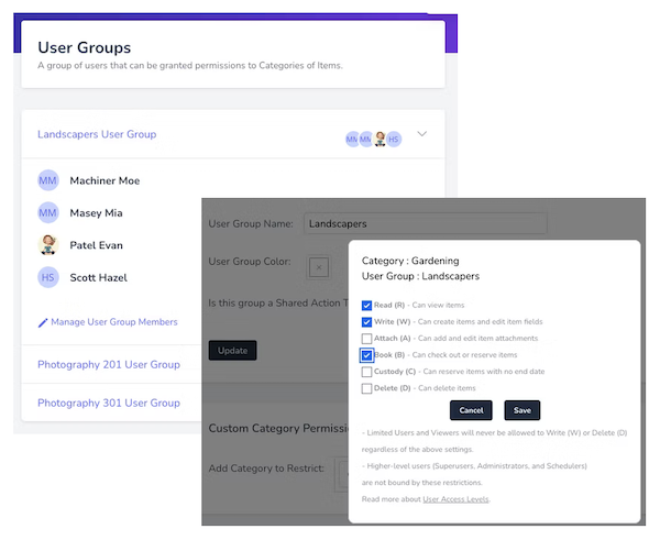 User group definition page on User Website
