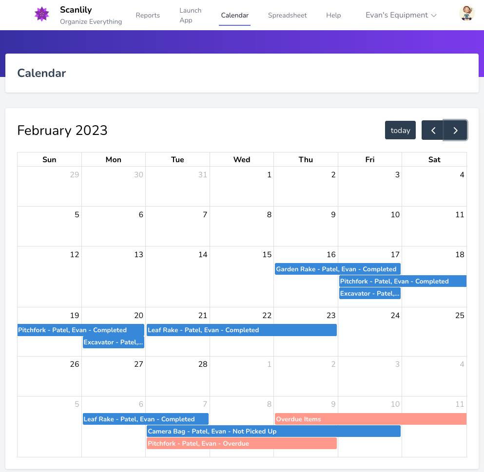Shows items reserved on the calendar