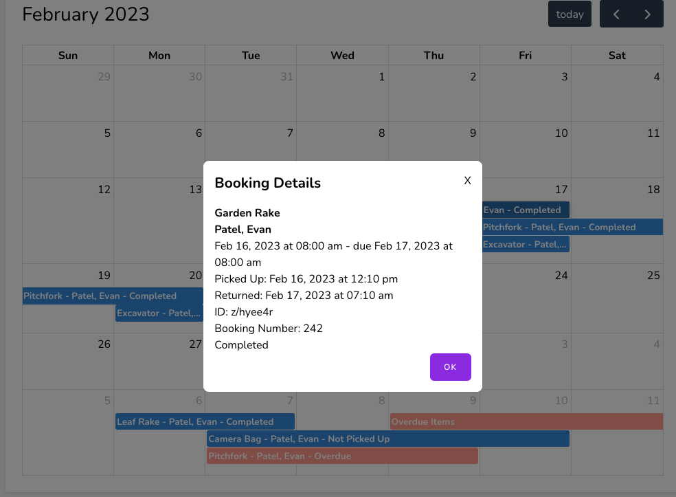 Pop up showing booking date ranges and status for item Garden Rake