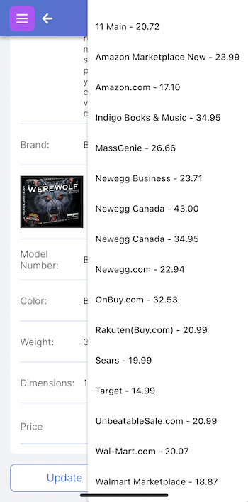 UPC scan results showing prices for item from different vendors