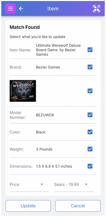 Image of UPC scan results. Shows checkboxes next to attributes including Item Name, Brand, Model number, other fields including a pulldown of pricing information from different vendors