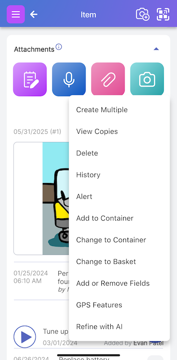 Bottom of Item Page showing blue button with three dots menu opened